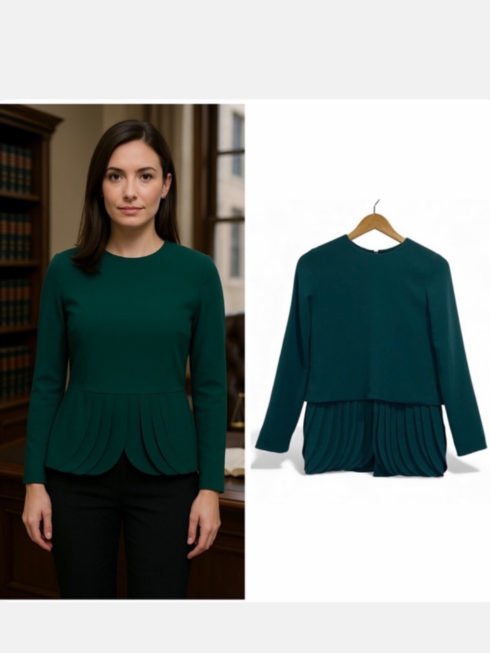 Brandon Maxwell Green Blouse Pleated Petal Peplum Long Sleeve 4 Work NWT 🟡